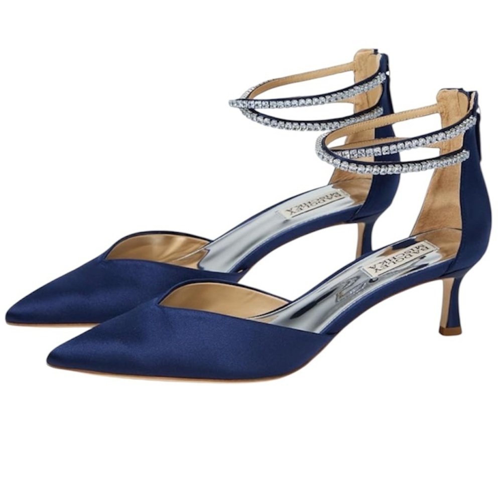 Jewel Badgley Mischka Midnight St Pointed Toe Satin Ankle Strap Pump Size 7